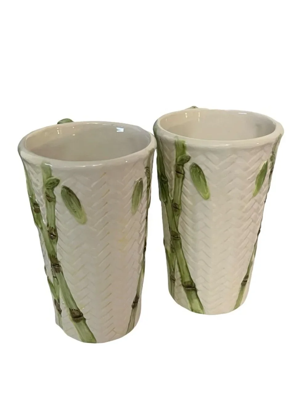 Vintage Bamboo Rattan Hand Painted Mug Set of 2 Cardinal Inc Tall Latte Cups Tro